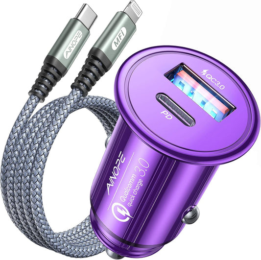 [Apple MFi Certified] AINOPE 54W Fast Car Charger iPhone, [Mini&Metal] USB C Adapter PD3.0&QC3.0 Compatible with iPhone 14 Pro Max/14 Plus/13 Pro Max/12