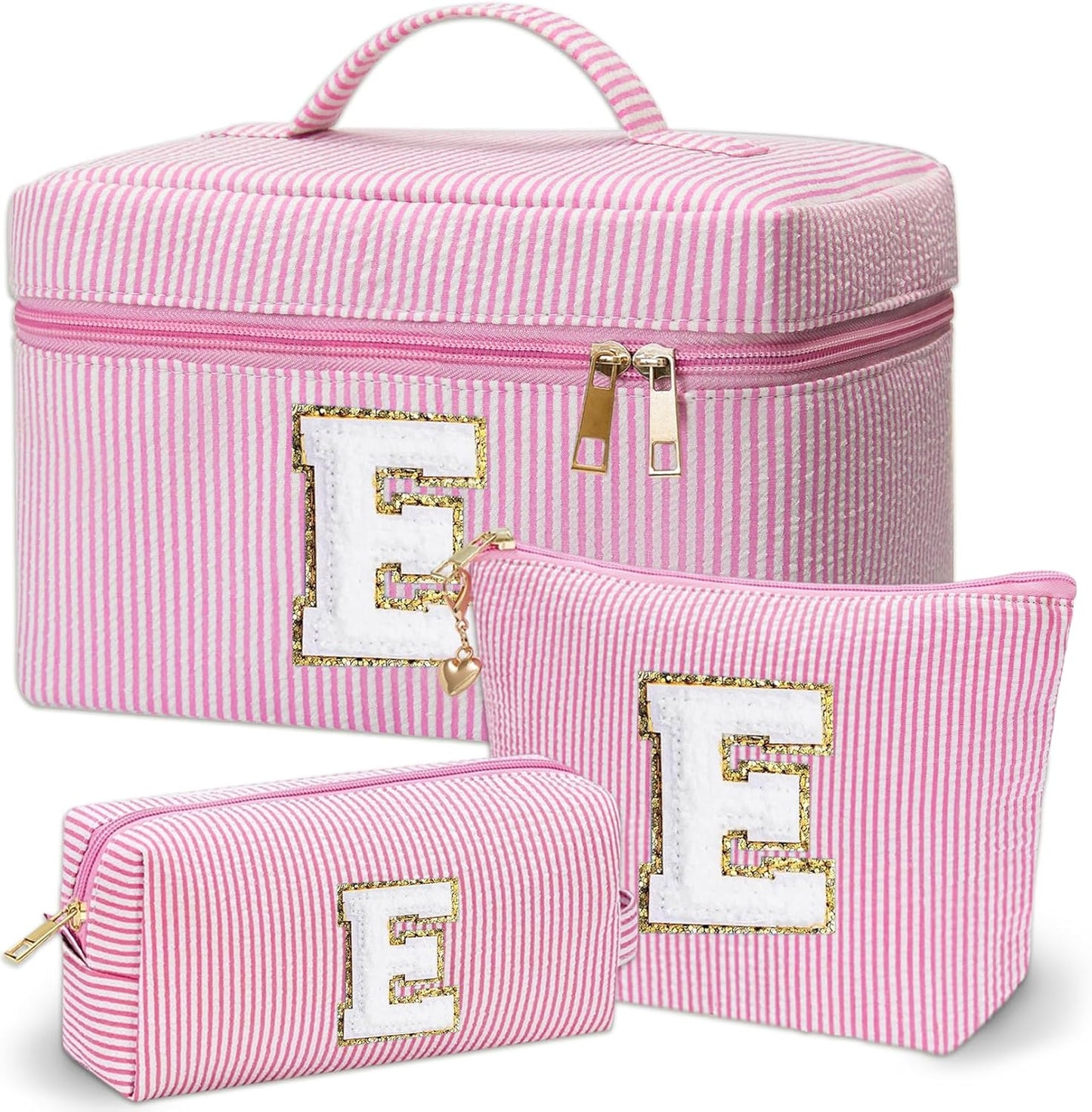 Personalized Monogram Makeup Bag, 3PCS Custom Monogrammed Toiletry Cosmetic Bag for 6-18 Teen Girls Women,Birthday Graduation Gifts Initial Pouch Makeup Bags for Women Girls, Make Up Bag (E, Pink)