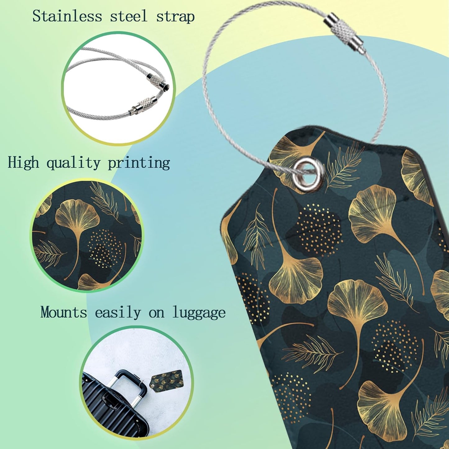 Luggage Tags Set of 2 Golden Gingko Leaves Leather Suitcase Tags with Stainless Steel Loop and Privacy Cover for Women Men Travel Luggage Accessories