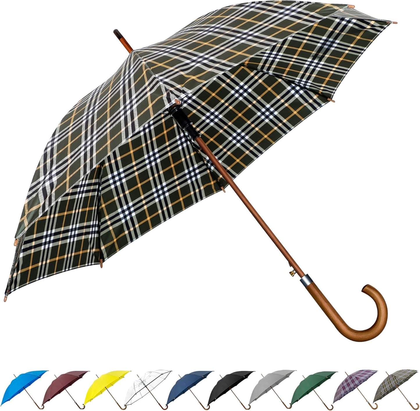 SoulRain 48" Large Umbrella –Windproof Stick Umbrellas for Rain, Automatic Open, Vintage Cane big Umbrella with Classic Wooden Handle,Open for 2 Persons adult,for Women & Men(Green Yellow plaid)