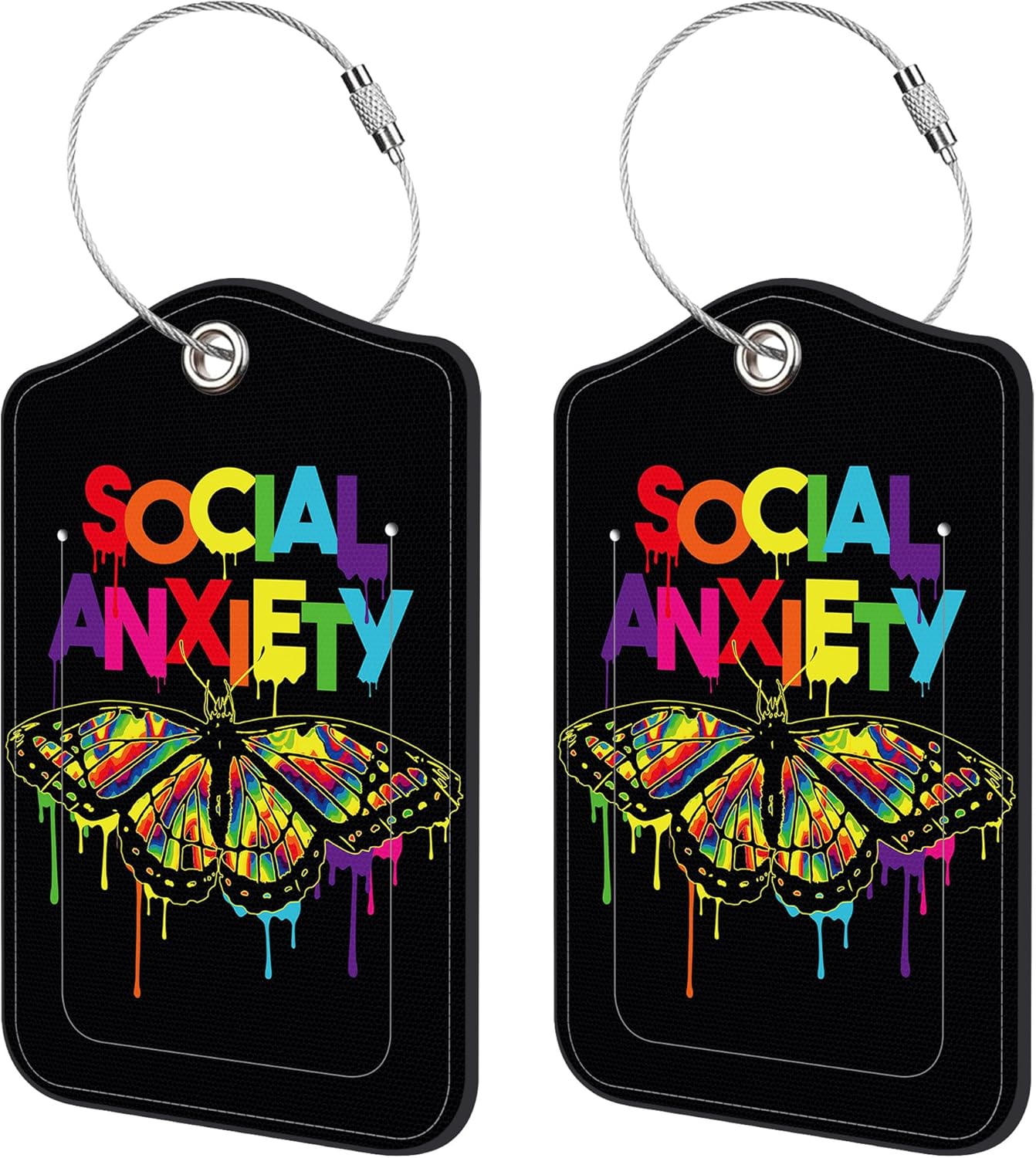 2 Pack Luggage Tags,Social Anxiety Slogan PU Leather Idea Baggage Tag with ID Labels Privacy Cover Metal Ring Men and Women Travel Bag Labels
