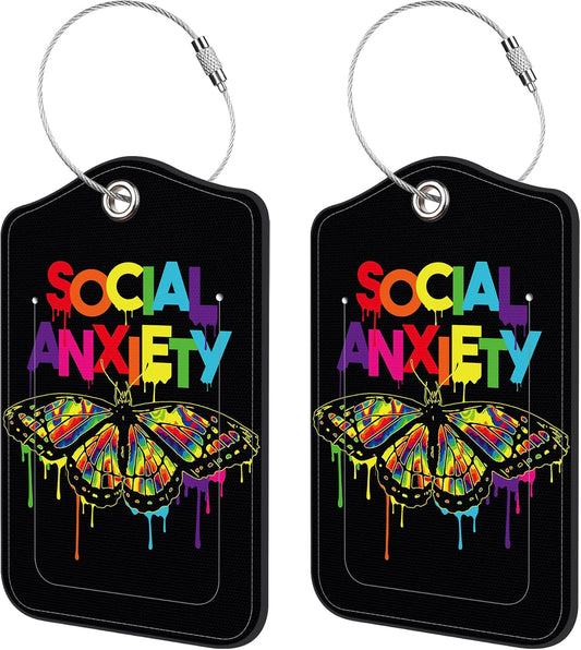 2 Pack Luggage Tags,Social Anxiety Slogan PU Leather Idea Baggage Tag with ID Labels Privacy Cover Metal Ring Men and Women Travel Bag Labels