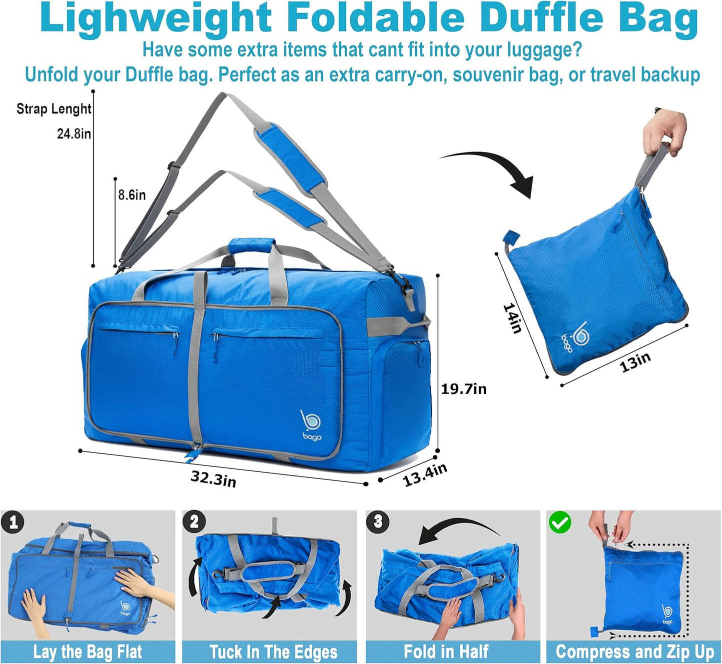 Bago Big XXL Foldable Duffel Bags for Traveling Women & Men - 140L Packable Duffle Bag for Travel with Shoe Compartment - Water Repellant, Heavy Duty, Lightweight Folding & Collapsible (Blue)