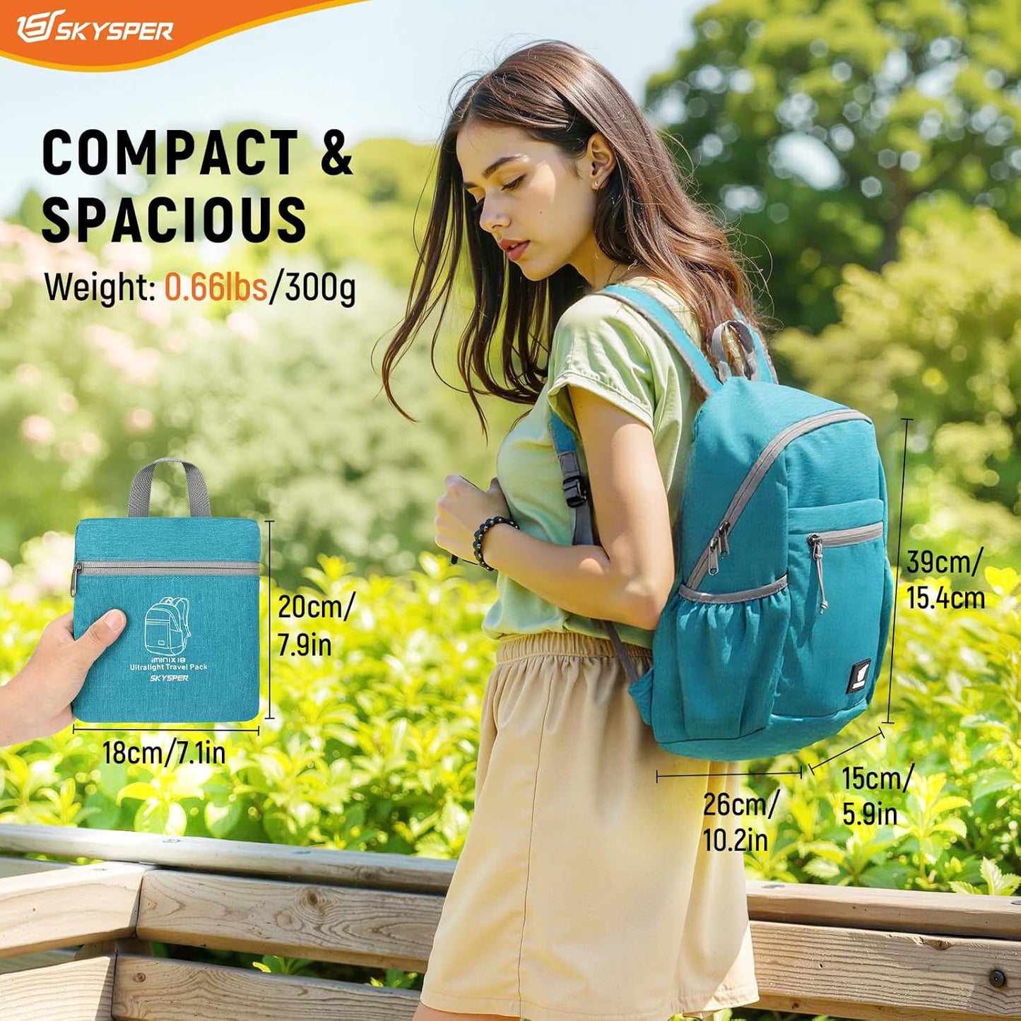 SKYSPER Anti Theft Hiking Backpack, 18L RFID Packable Travel Daypack, Lightweight Foldable Back Pack for Walking Daytrip