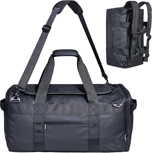 Duffle Backpack Heavy Duty Gym Bag for Men, 50L Convertible Travel Duffel Water Resistant Large Hand Bag for Sport Weekend, Black