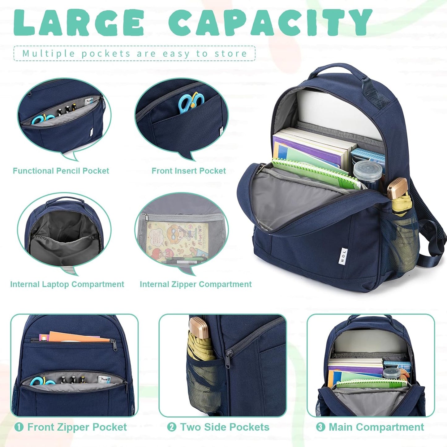NOL Natural Organic Lifestyle Kids Backpack, School Backpacks for Teens Girls Boys, School Bookbag with Pencil Bag & Reflective Stripe for Elementary School - Navy blue