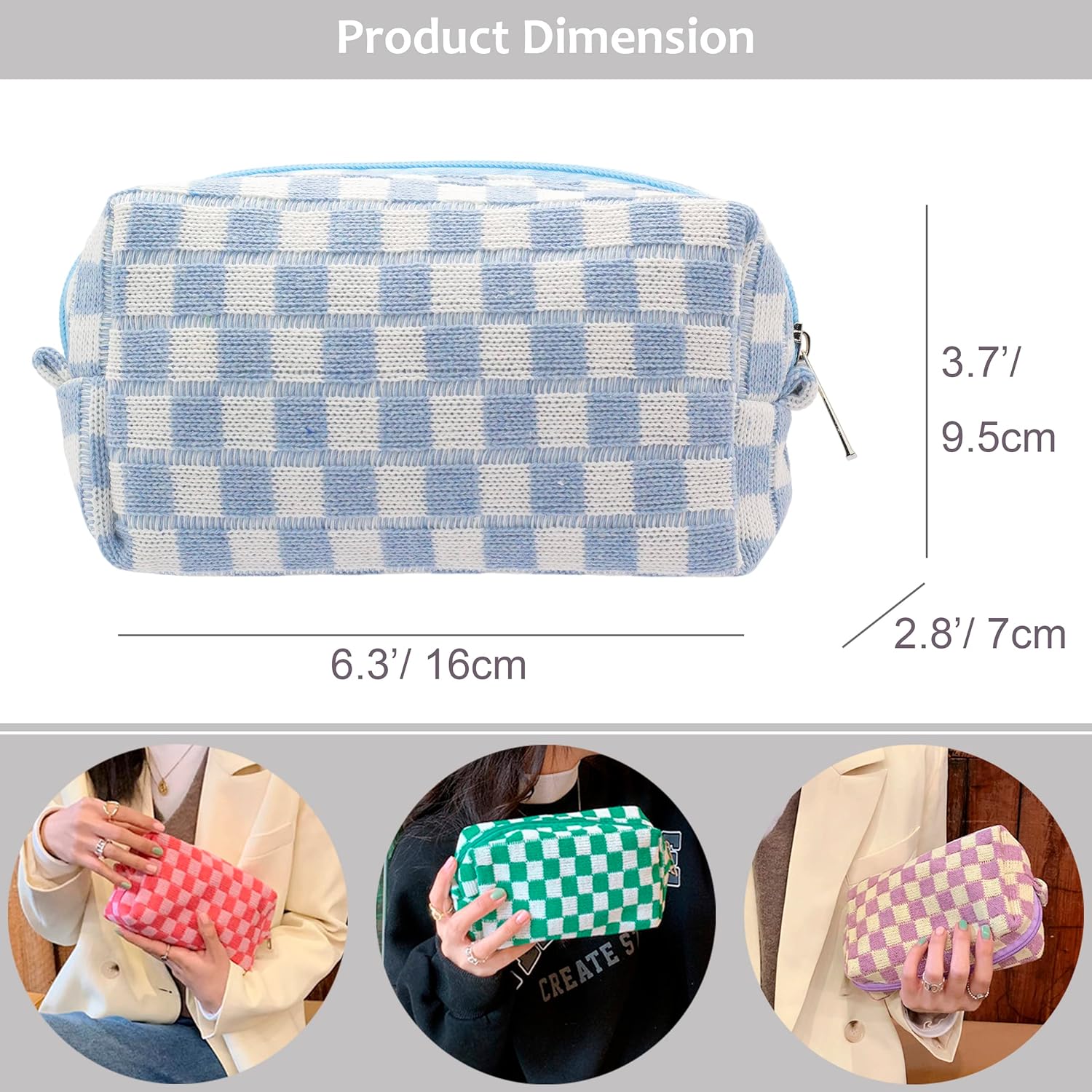 PAZIMIIK Checkered Makeup Bag for Purse Portable Zipper Make Up Pouch Small Cosmetic Case for