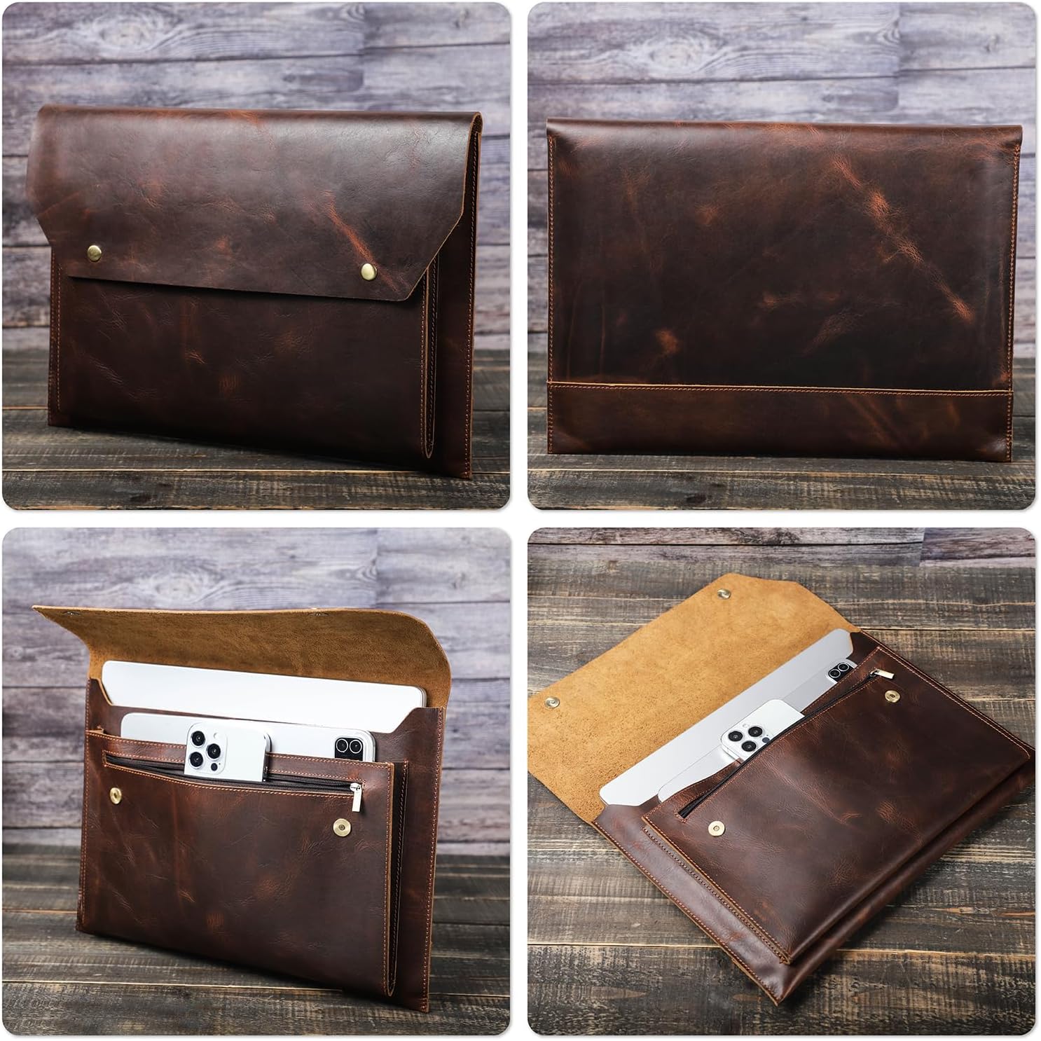 Top Grain Leather 14.2" Laptop Sleeve Bag, Magnet Snap Button Design & 3 Pockets, Compatible with