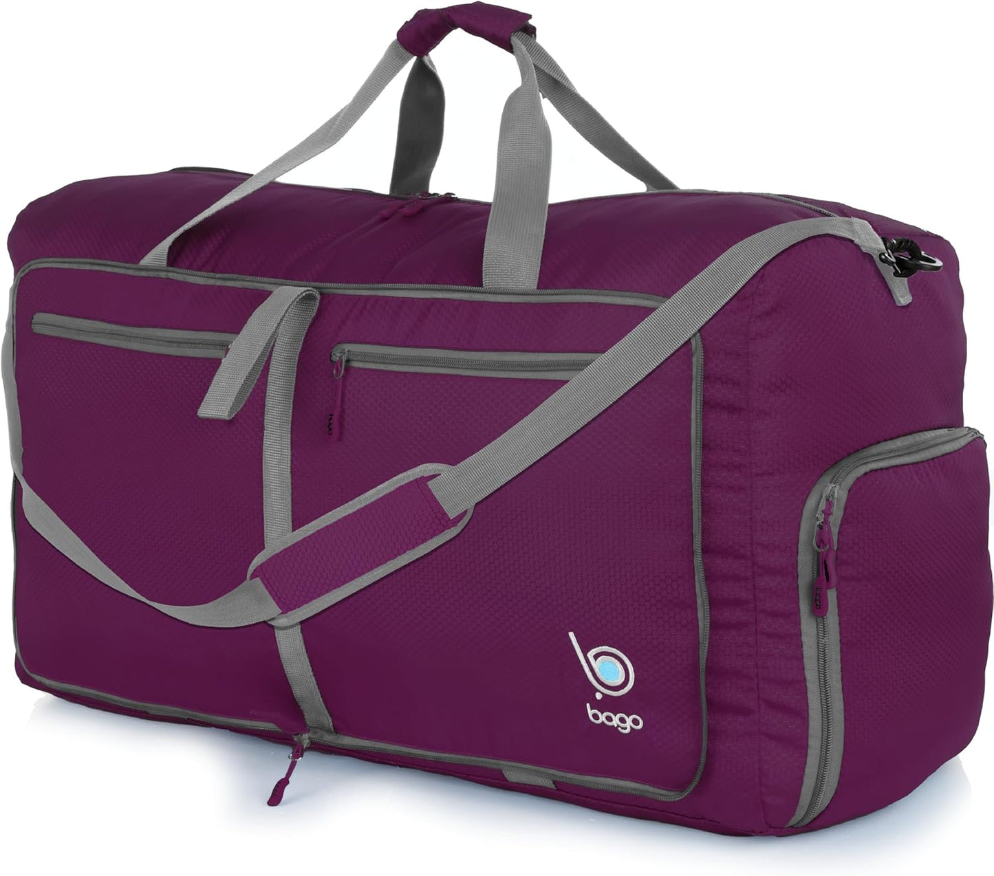 Bago Large Foldable Duffel Bags for Traveling Women & Men - 80L Packable Duffle Bag for Travel with Shoe Compartment - Water Repellant, Heavy Duty, Lightweight Folding & Collapsible (Purple)