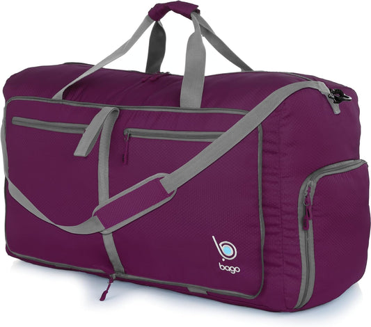 Bago Large Foldable Duffel Bags for Traveling Women & Men - 80L Packable Duffle Bag for Travel with Shoe Compartment - Water Repellant, Heavy Duty, Lightweight Folding & Collapsible (Purple)