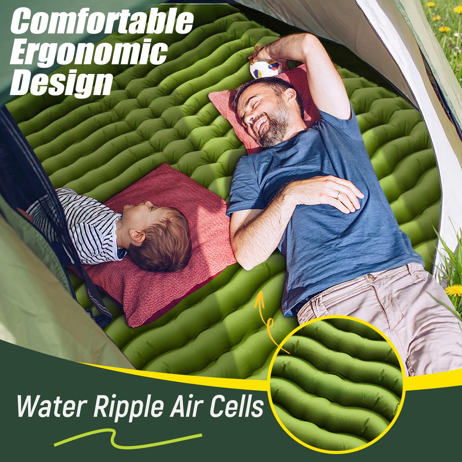 Yuzonc Double Sleeping Pad - Self Inflating 4" Extra-Thick for 2 Person with Pillow Built-in Foot
