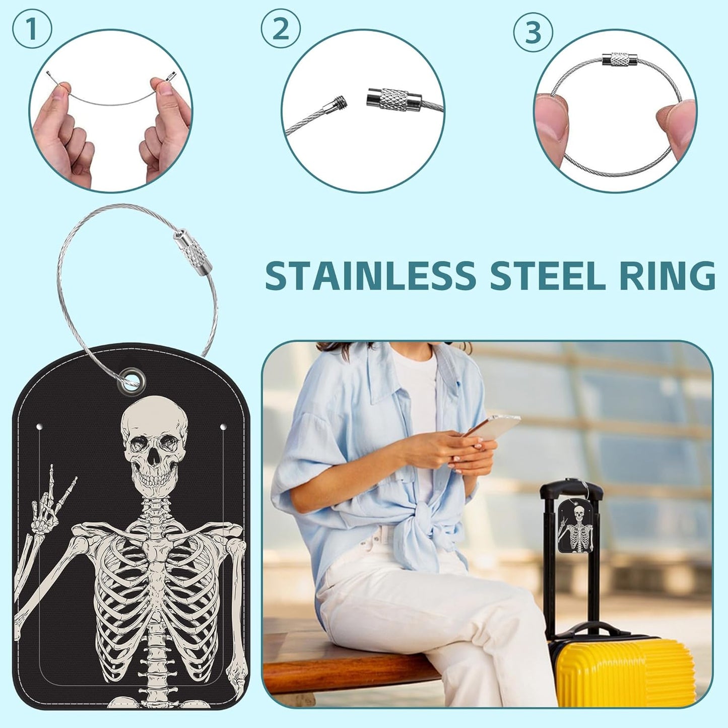 2 Pack Cute Luggage Tag for Suitcases Human Skeleton Leather Luggage Tags with Stainless Steel Loop Privacy Flap Name Tags,Men and Women Travel Bag Suitcase Tags
