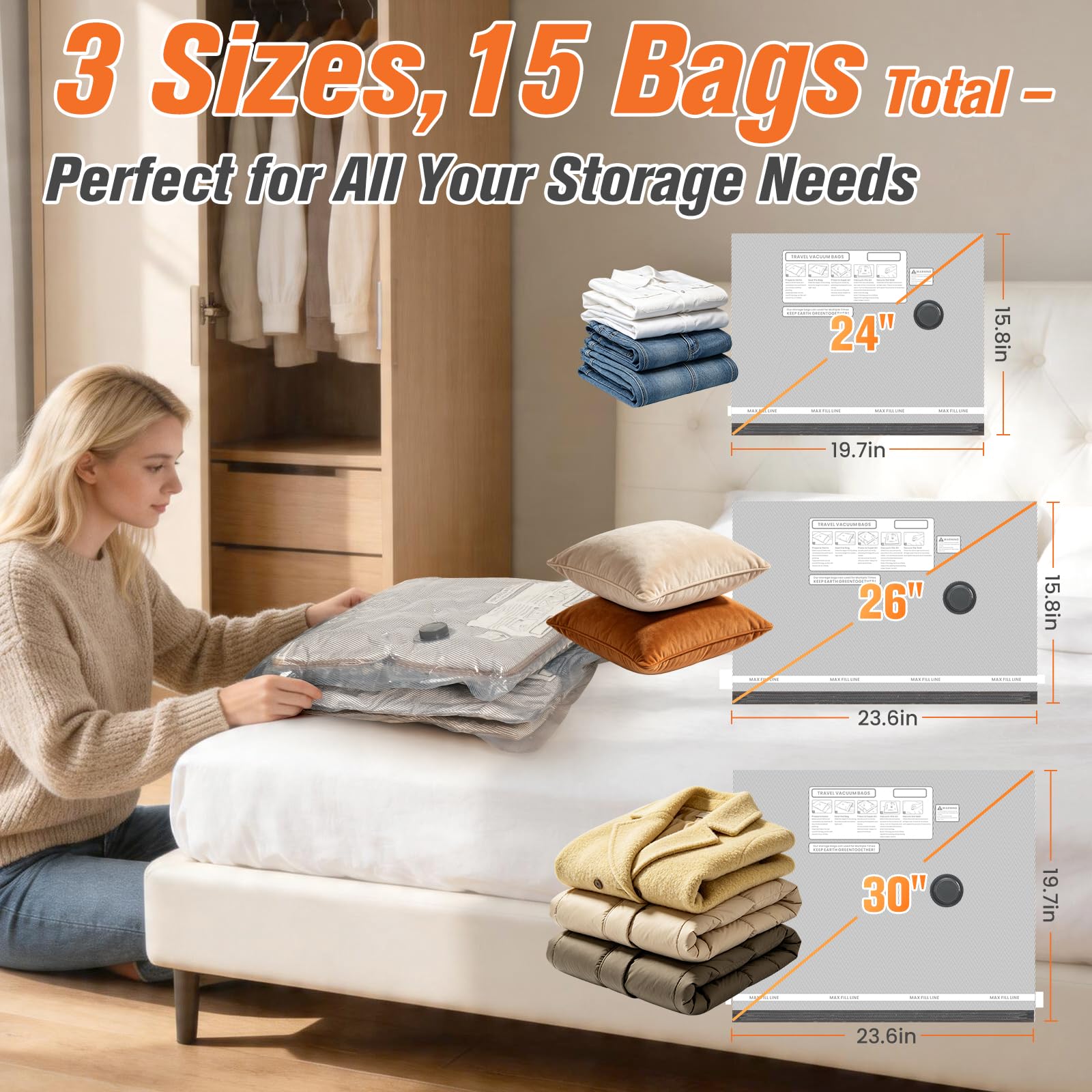 15 Pack Vacuum Storage Bags for Travel with Cordless Pump, Space Saver Bags for Clothes