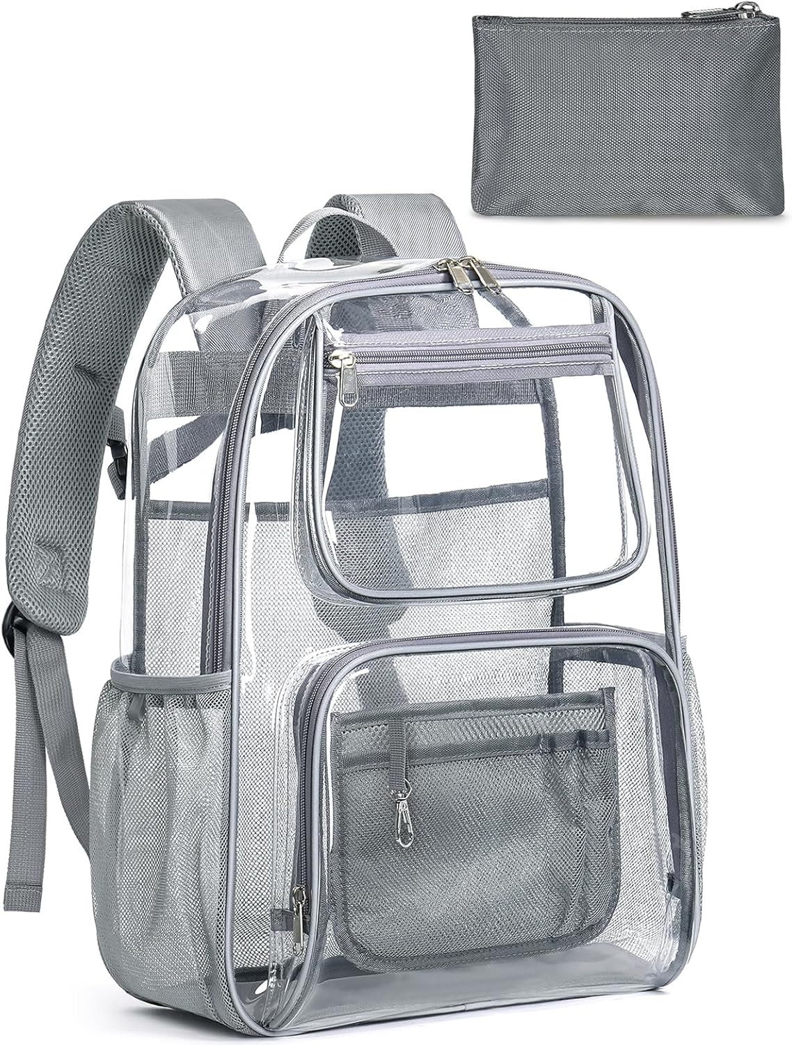 Heavy Duty Clear Backpack For Kids Women Men Boys Girls, 17 Inch Large See Through Backpack, Clear Bookbag With An Extra Pouch Accessories, Transparent Bag For School College Sport Work, Grey
