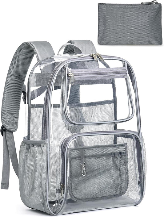 Heavy Duty Clear Backpack For Kids Women Men Boys Girls, 17 Inch Large See Through Backpack, Clear Bookbag With An Extra Pouch Accessories, Transparent Bag For School College Sport Work, Grey