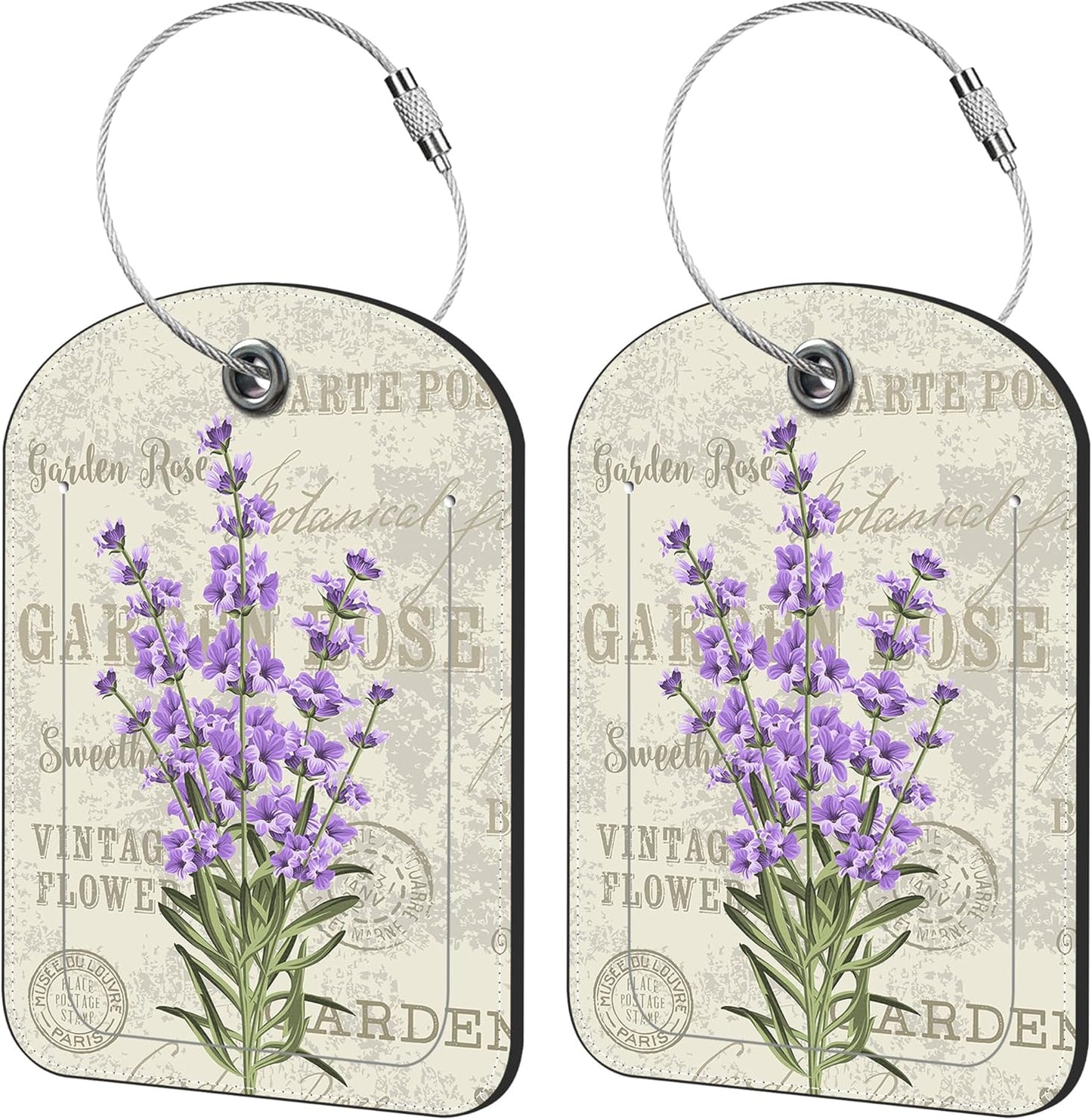 2 Pack Cute Luggage Tag for Suitcases Beautiful Purple Lavender Leather Luggage Tags with Stainless Steel Loop Privacy Flap Name Tags,Men and Women Travel Bag Suitcase Tags