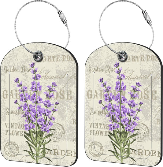 2 Pack Cute Luggage Tag for Suitcases Beautiful Purple Lavender Leather Luggage Tags with Stainless Steel Loop Privacy Flap Name Tags,Men and Women Travel Bag Suitcase Tags