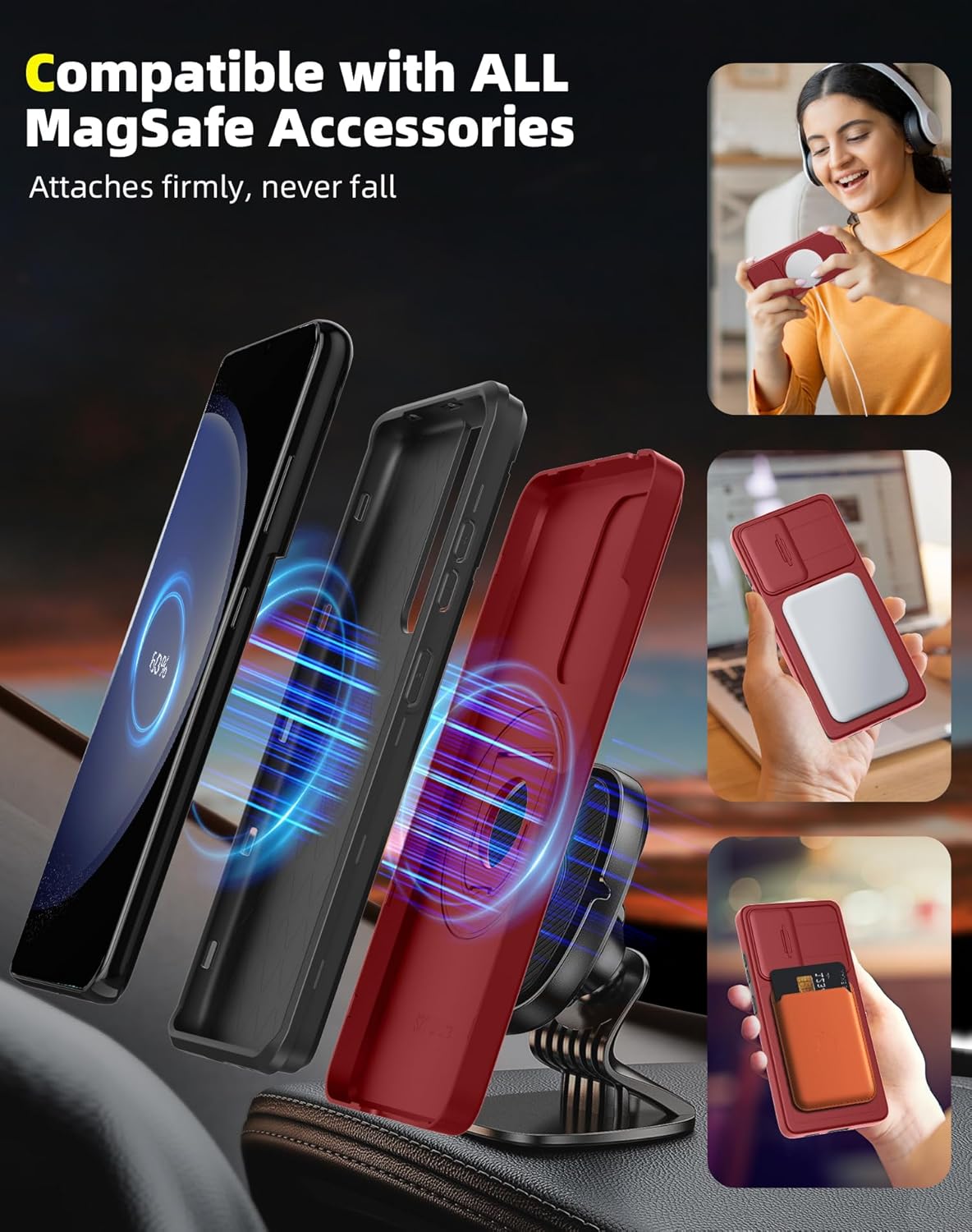 for Samsung Galaxy S23 FE Case Magnetic Compatible with MagSafe Wireless Charging,with 2 Screen Protectors,Built-in Stand Ring+Camera Cover Anti-Scratch Shockproof Heavy Duty Protection Red