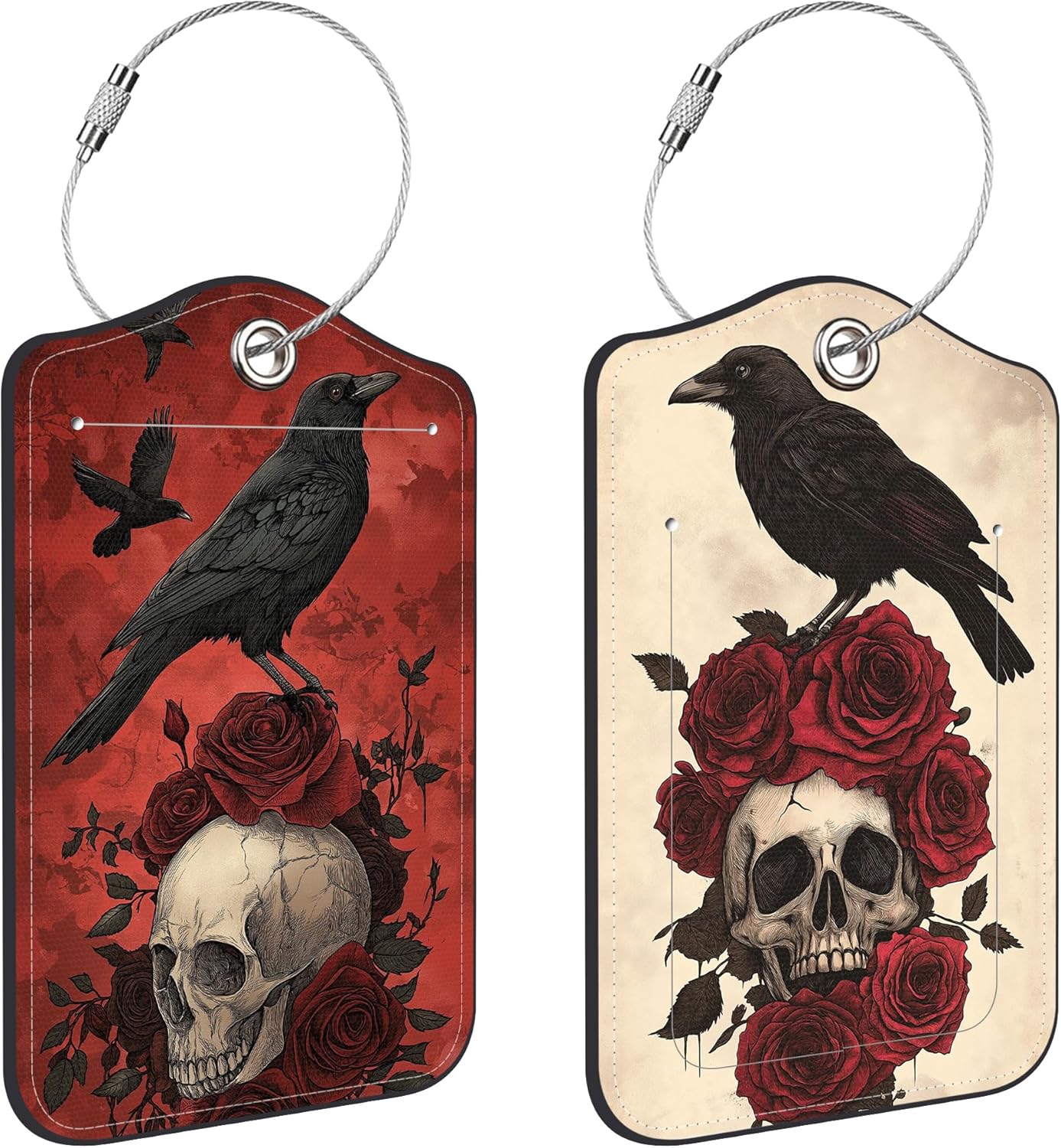 2 Pack Raven on Rose Skull Luggage Tags PU Leather Suitcase Tags with Stainless Steel Loop Privacy Cover ID Label for Women Men Travel Bag Accessories