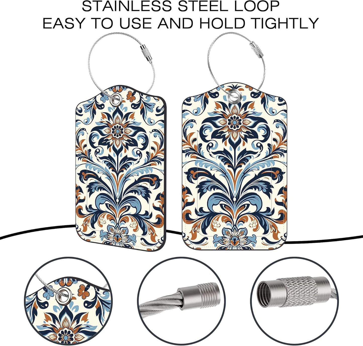 2 Pack Luggage Tags,Damask Floral PU Leather Idea Baggage Tag with ID Labels Privacy Cover Metal Ring Men and Women Travel Bag Labels