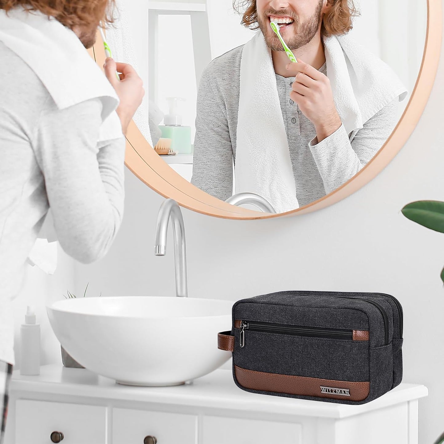 WITZMAN Canvas Toiletry Bag for Men Hanging Dopp Kit Organizer Water-resistant Travel Toiletries bag Men Bathroom Bag with Wet Pocket(A8001 Classics Black)