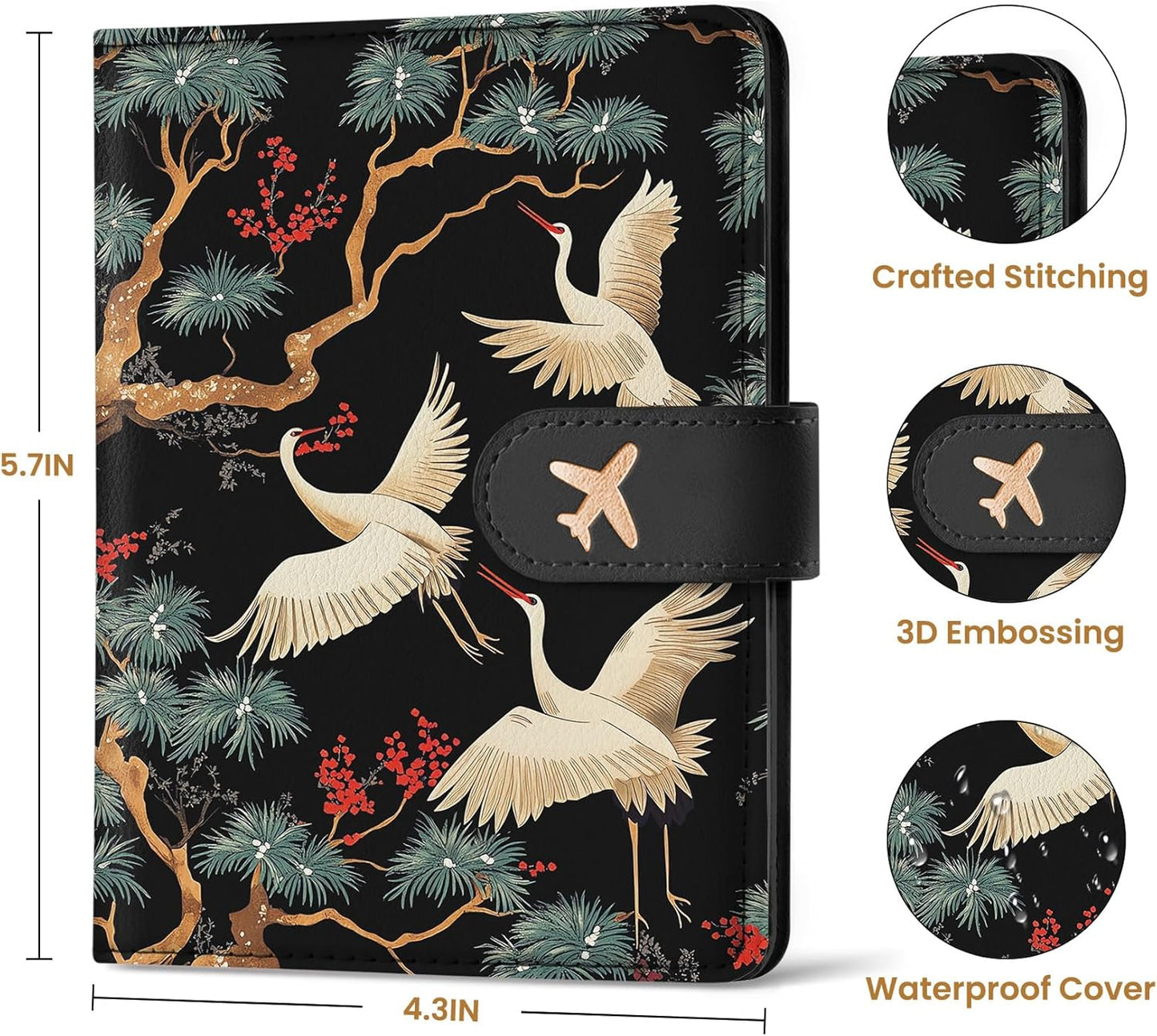 Passport Holder for Travel Essentials, RFID Blocking Leather Cover Wallet with Magnetic Closure, Aesthetic & Cute Passport Book Case for Women and Men - Crane