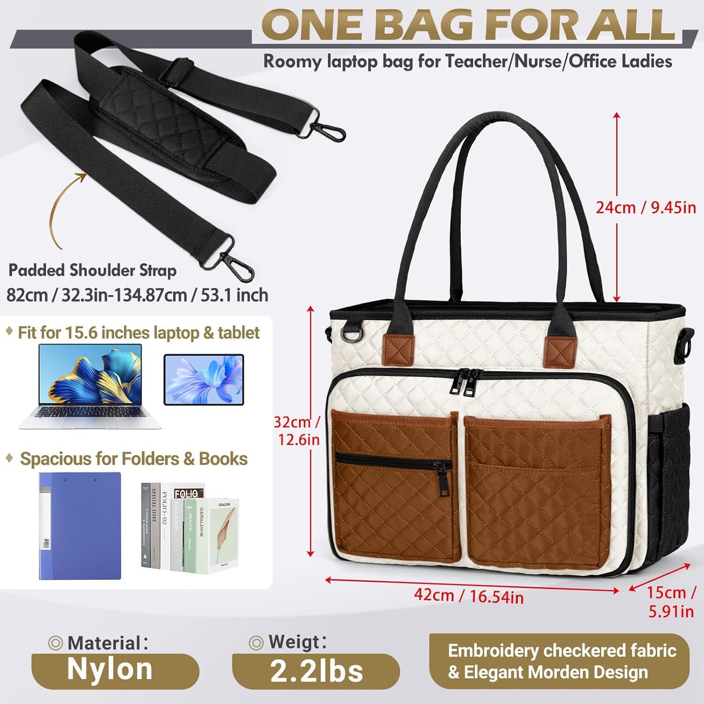 RAINSMORE Teacher Tote Bag 15.6 inch Laptop Bag for Women Work Bags Laptop Tote Nurse Bag Professional Computer Messenger with Insulated Pocket, Laptop Briefcase for Office, College,Black-white-brown