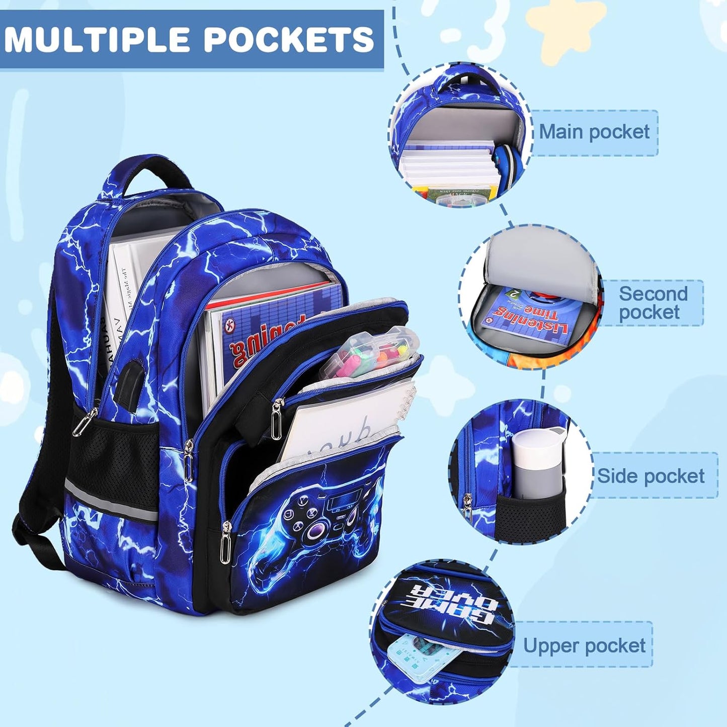 Bevalsa Backpack for Boys, School Bags for Kids, Bookbag for Boys Girls Children Teens Backpacks for Elementary Middle High school Student, Bookbag and Lunch Bag Set with USB Charging Port (Lightning)