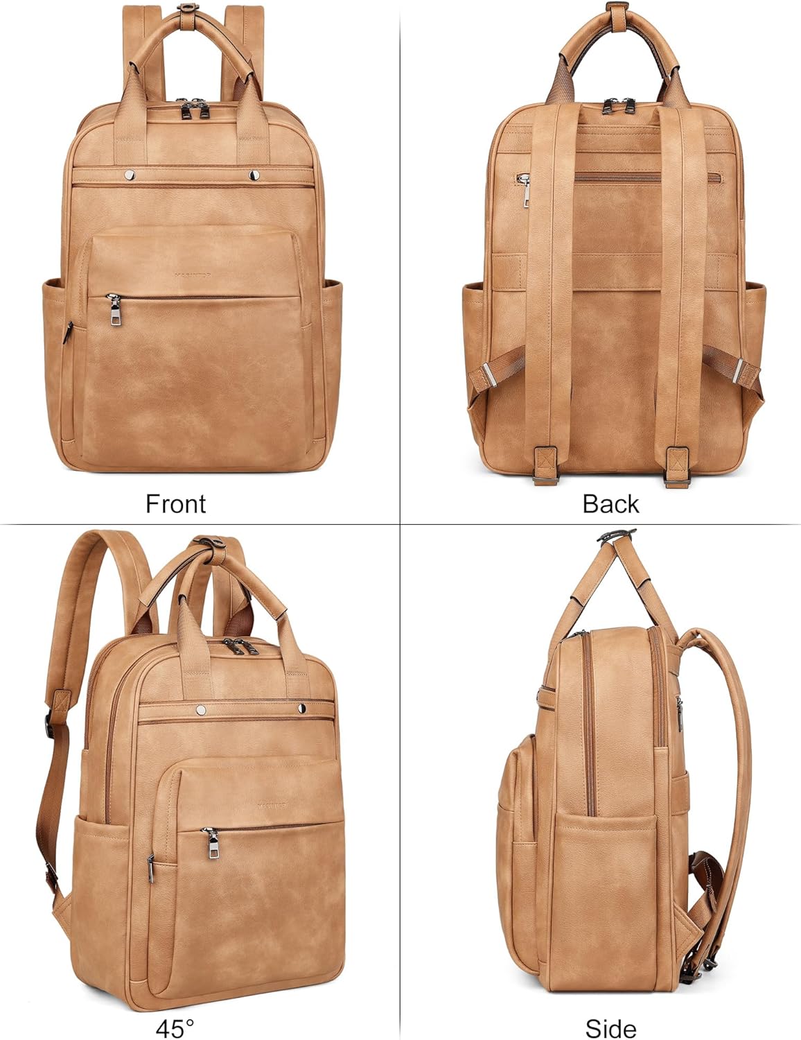 MASINTOR Leather Laptop Backpack for Women, Stylish Computer Backpack College Business Work Shoulder Bags Work and Travel Retro Camel
