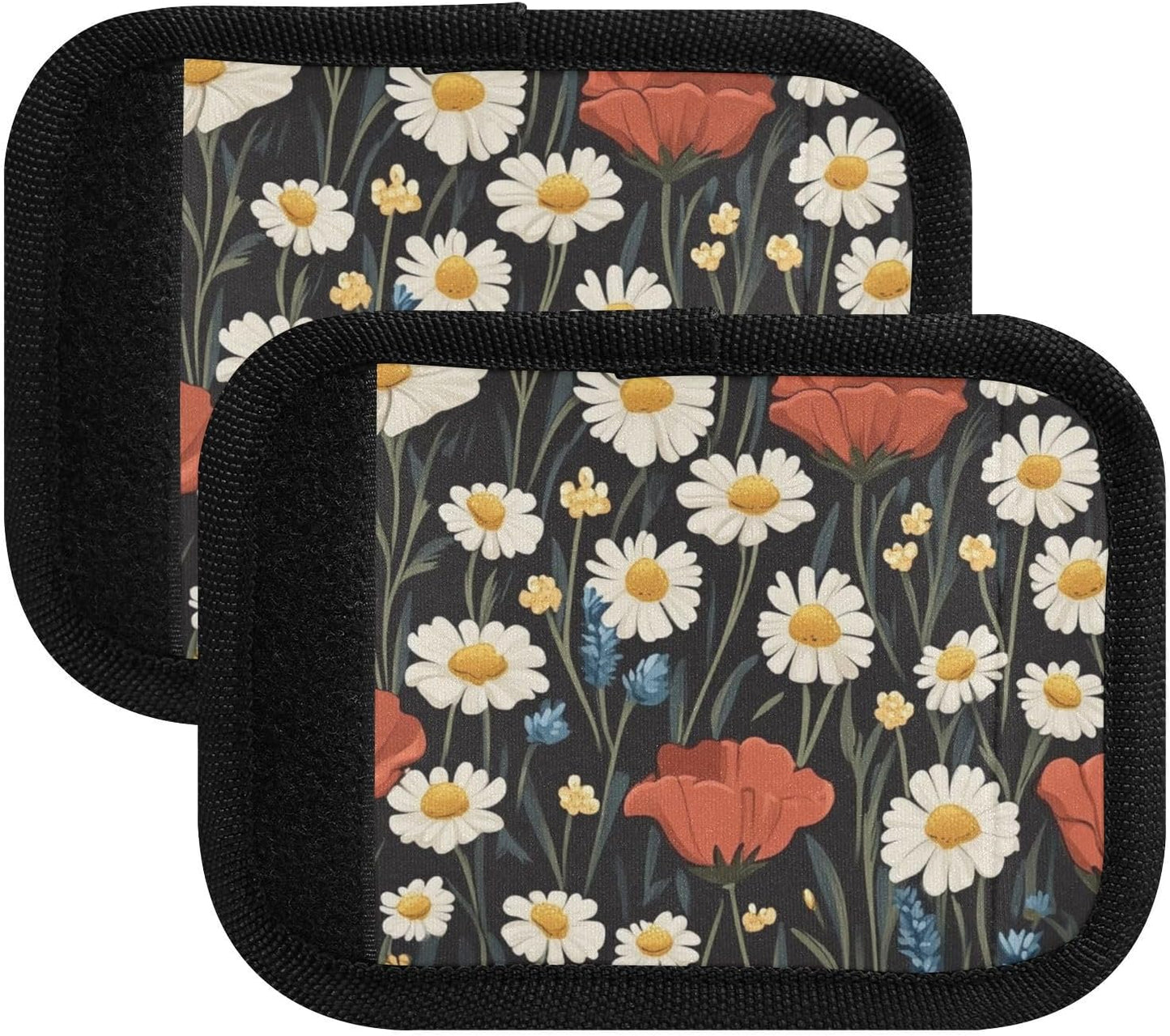 Poppy and Daisy Flowers Black 4 Pack Luggage Handle Wraps Covers for Suitcase Identifiers Bag Tags Travel Accessories