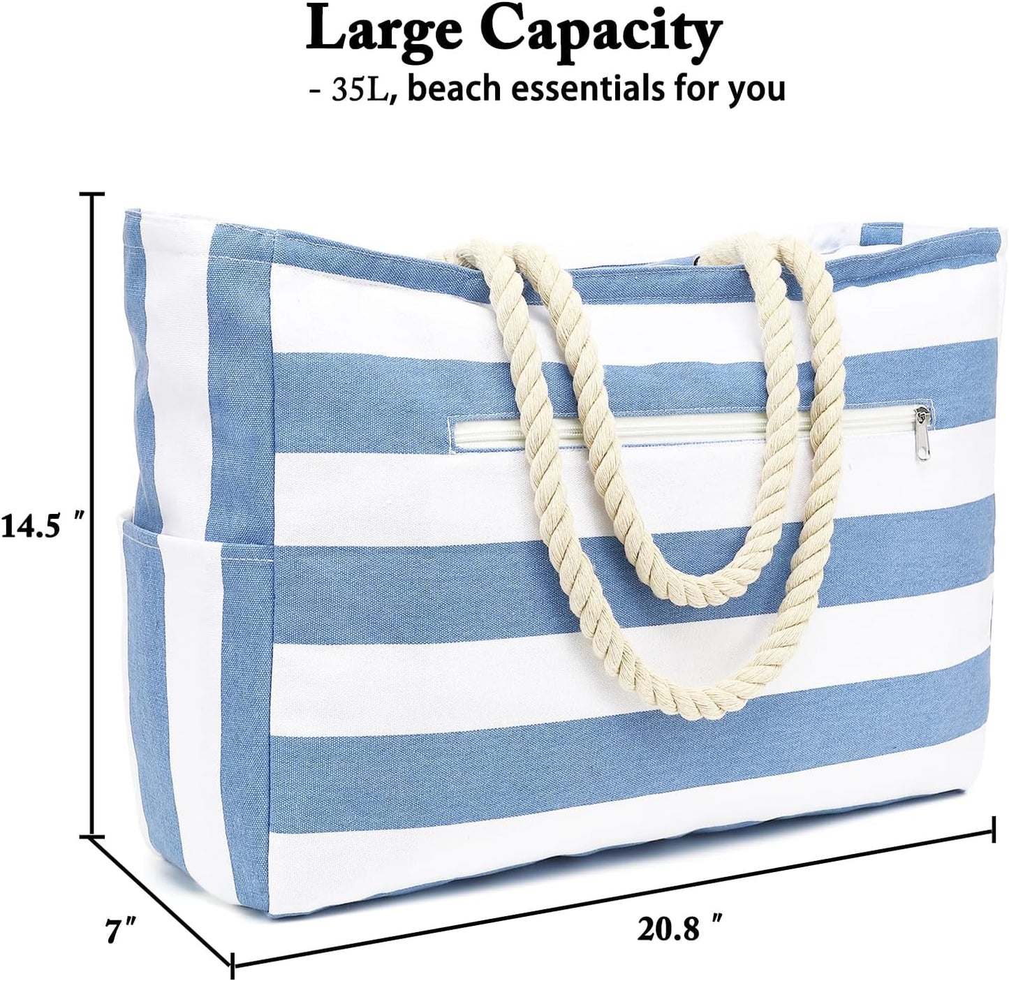 Large Beach Bag for Women, Waterproof Travel Tote Bag with Lunch/Wet Pocket for Weekender, Sandproof, Zipper Closure