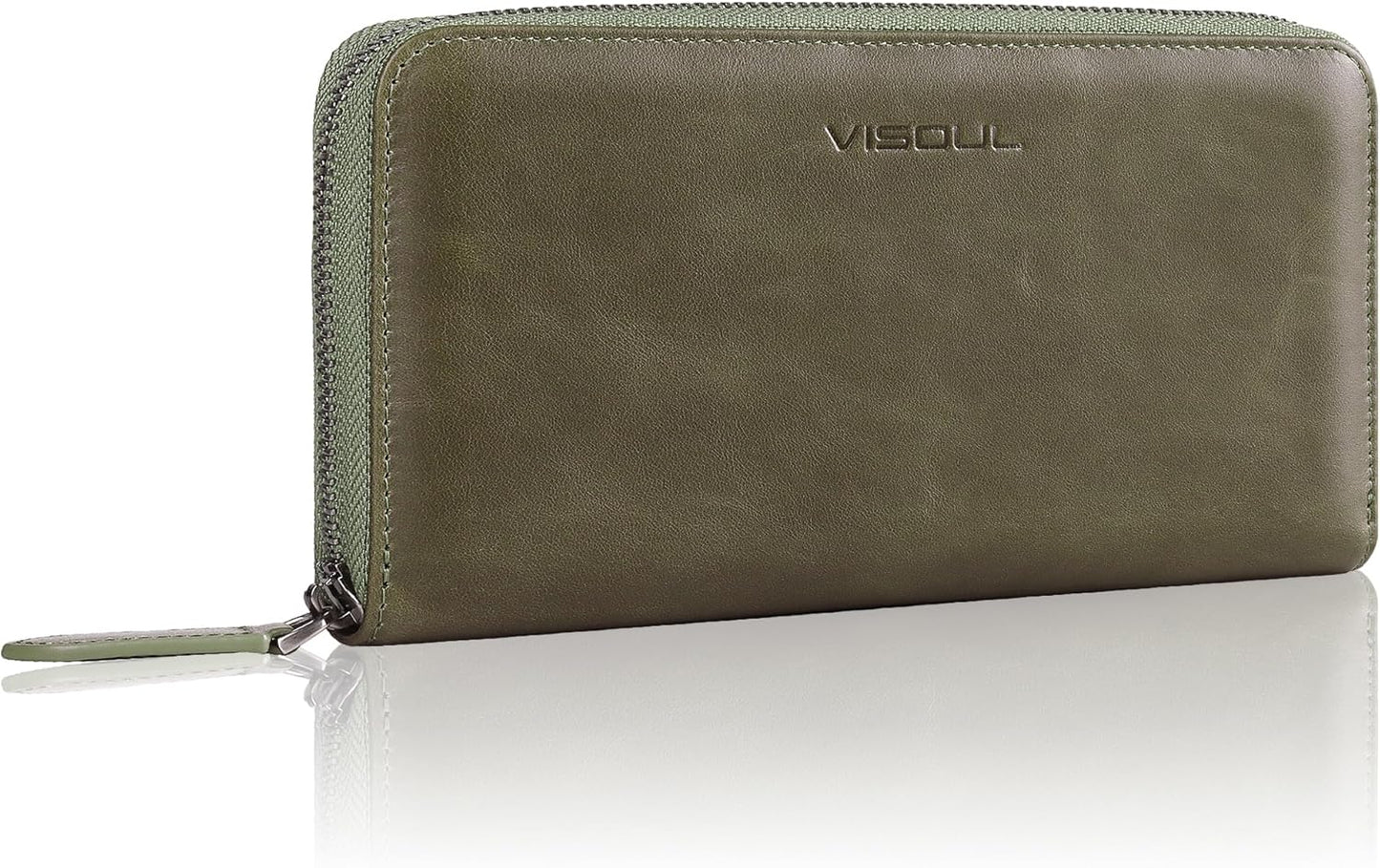 VISOUL Leather Long Zipper Pouch Wallet for Men and Women with RFID Blocking, Large Clutch Cash Long Wallet with Zipper (Olive Green)