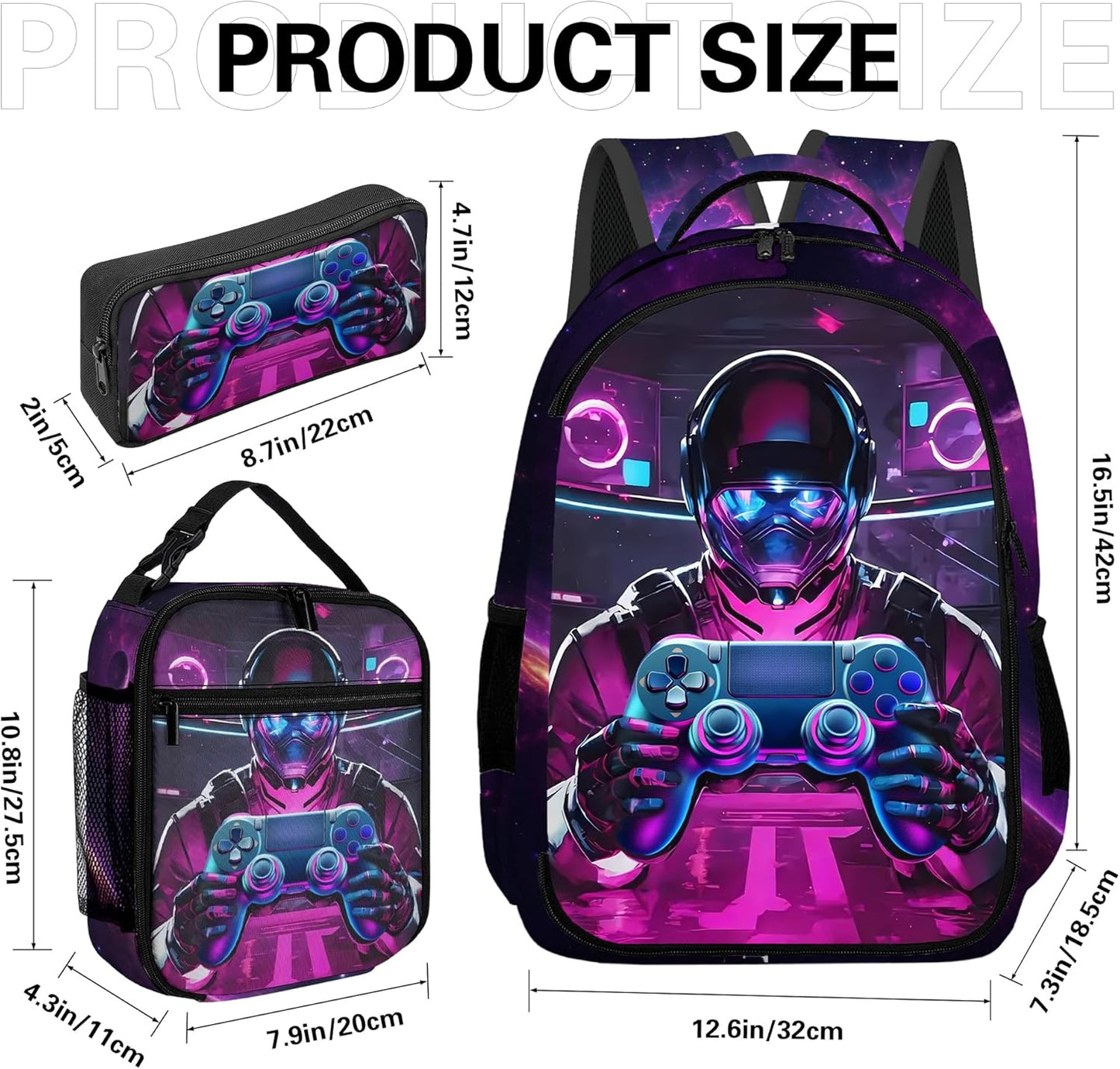 Game Backpack Set for Boys, Gaming Backpack 3 Pack, Boys Lunch Box, and Pencil Bag for Kids, 17"