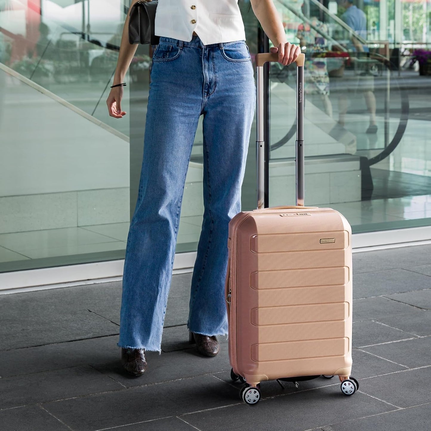 Traveler's Choice Pagosa Indestructible Hardshell Expandable Spinner Luggage, Latte Beige, 26-Inch Medium