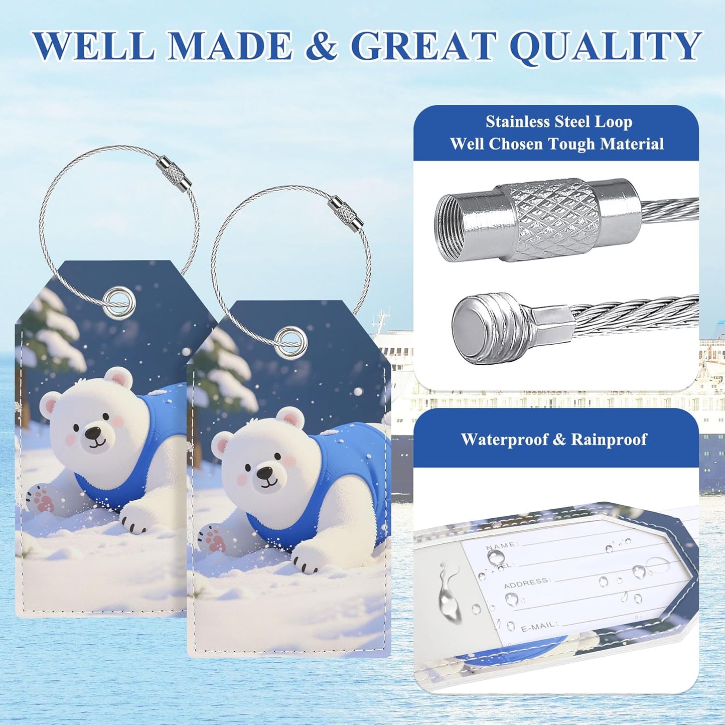Luggage Tags for Suitcases, Luggage Tag, Cute Personalized Bag Tags for Backpacks Handbag School Instrument with Name ID Label Travel Essentials, Unique Fun Baggage Tags 2 Pack, Polar Bear