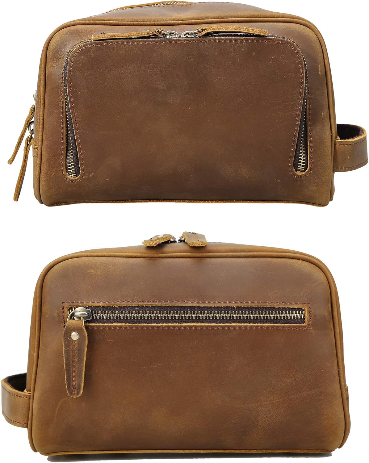 Polare Vintage Full Grain Leather Handmade Travel Toiletry Bag for Men - Dopp Kit - Shaving Kit with YKK Metal Zippers A-Brown