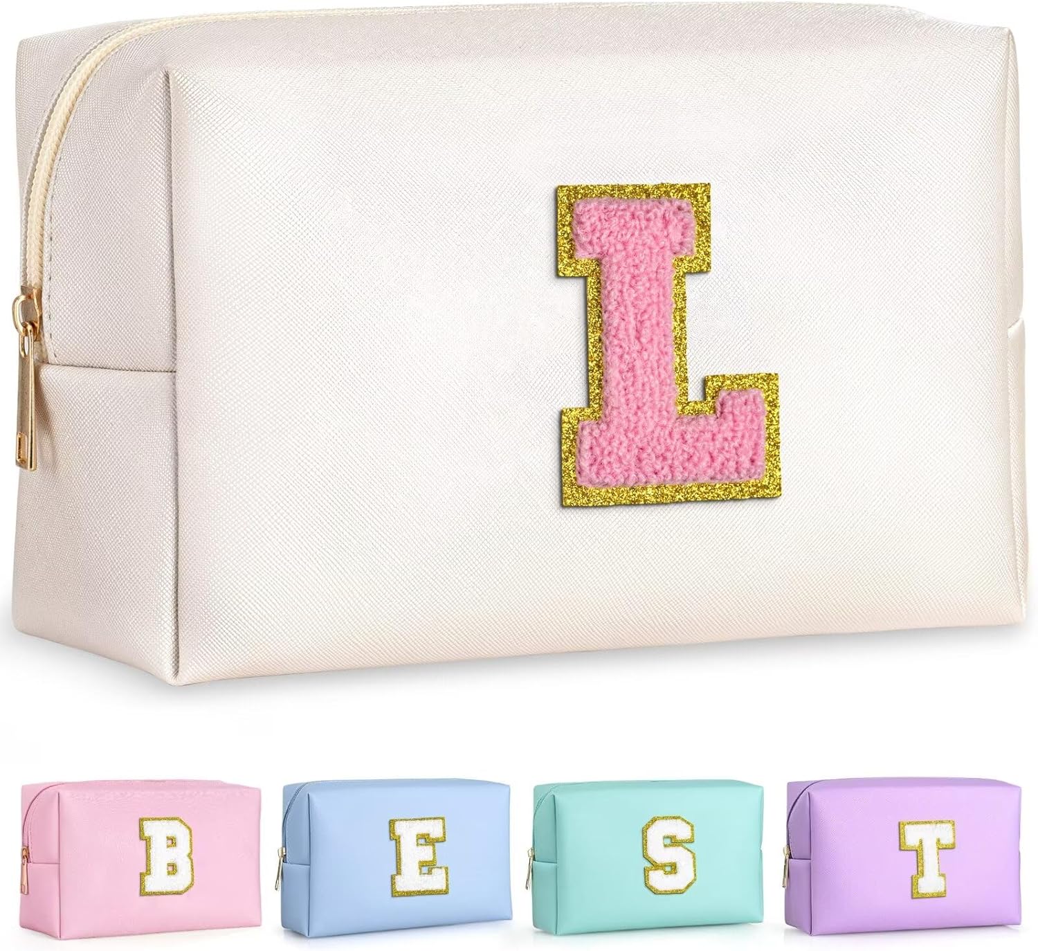 TOPEAST Personalized Birthday Gifts for Women, Preppy Patch Makeup Bag, Chenille Letter Pouch