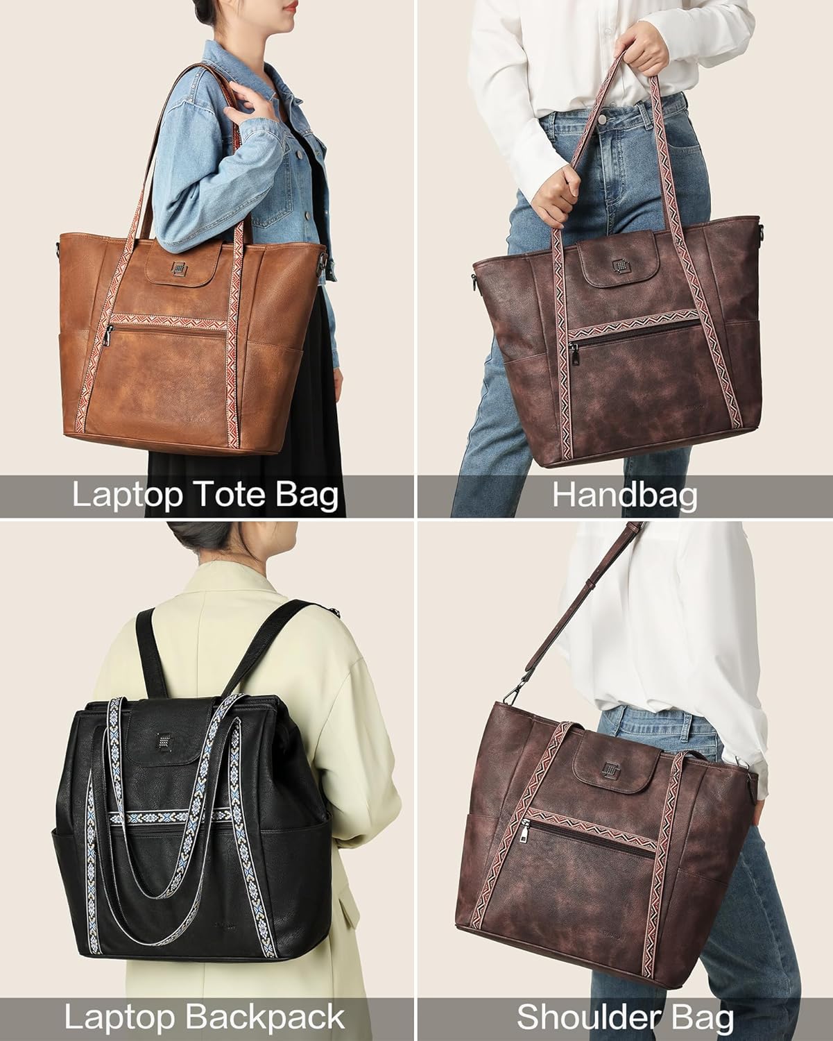 FADEON Large Laptop Tote Bag for Women Designer Leather Laptop Bag Fashion Travel Backpack Purse