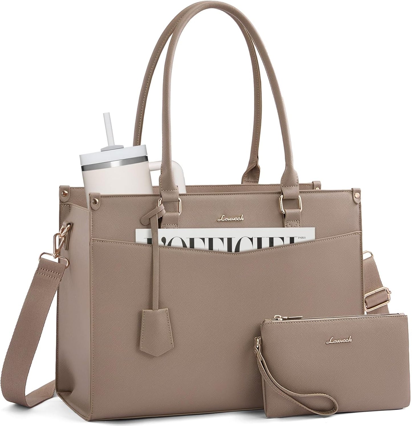 LOVEVOOK Laptop Bag for Women, 2-in-1 Tote Purse with Clutch & Cup Holder, Waterproof Briefcase for Work Travel