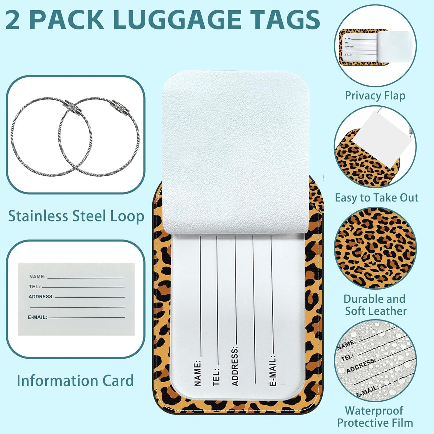 2 Pack Cute Luggage Tag for Suitcases Leopard Grain Leather Luggage Tags with Stainless Steel Loop Privacy Flap Name Tags,Men and Women Travel Bag Suitcase Tags
