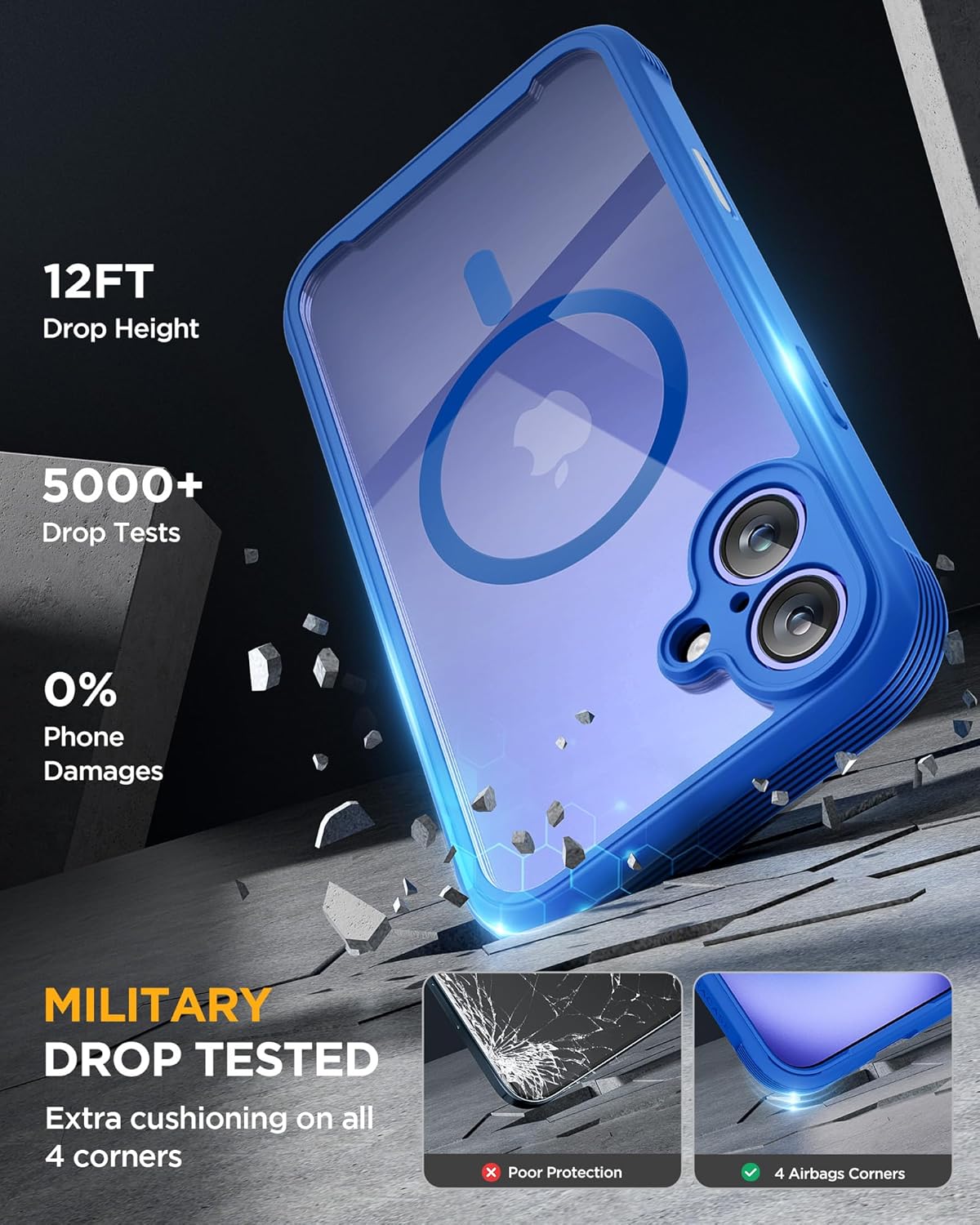 Miracase for iPhone 16 Case 6.1'', [Bubble Free] Full-Body Bumper Phone case with Built-in Full Glass Screen &Lens Protector,No Gap,Compatible with MagSafe,Drop Proof 16 Cover,Blue