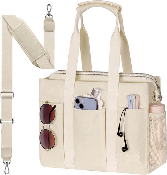 Canvas Tote Bag for Women, Large Shoulder Bag with Laptop Compartment & Zipper, Ideal for Work Travel College Teacher