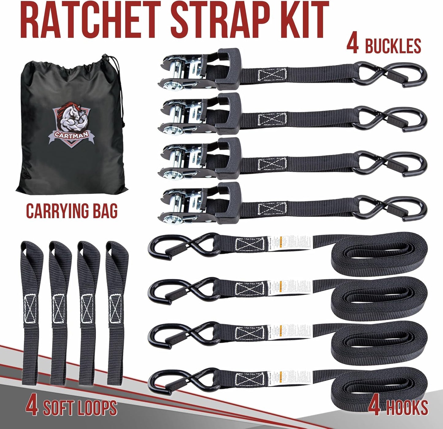 4-Pack 1" x 15ft Ratchet Straps with S Hooks, 1500 lbs Break Strength, Heavy Duty Tie Down Straps for Truck, Motorcycle, Cargo, 4PK Loops, Black
