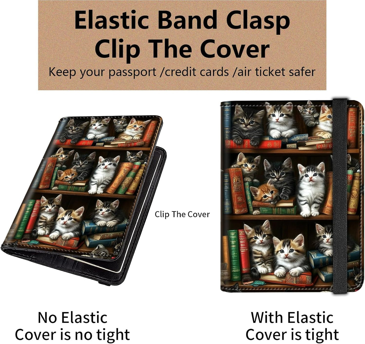 Passport and Vaccine Card Holder Cover Combo,Travel Passport Holder Wallet with RFID Blocking, Leather Vaccine Card Slot Passport Cover Case for Women & Men,Vintage Bookshelf and Cats