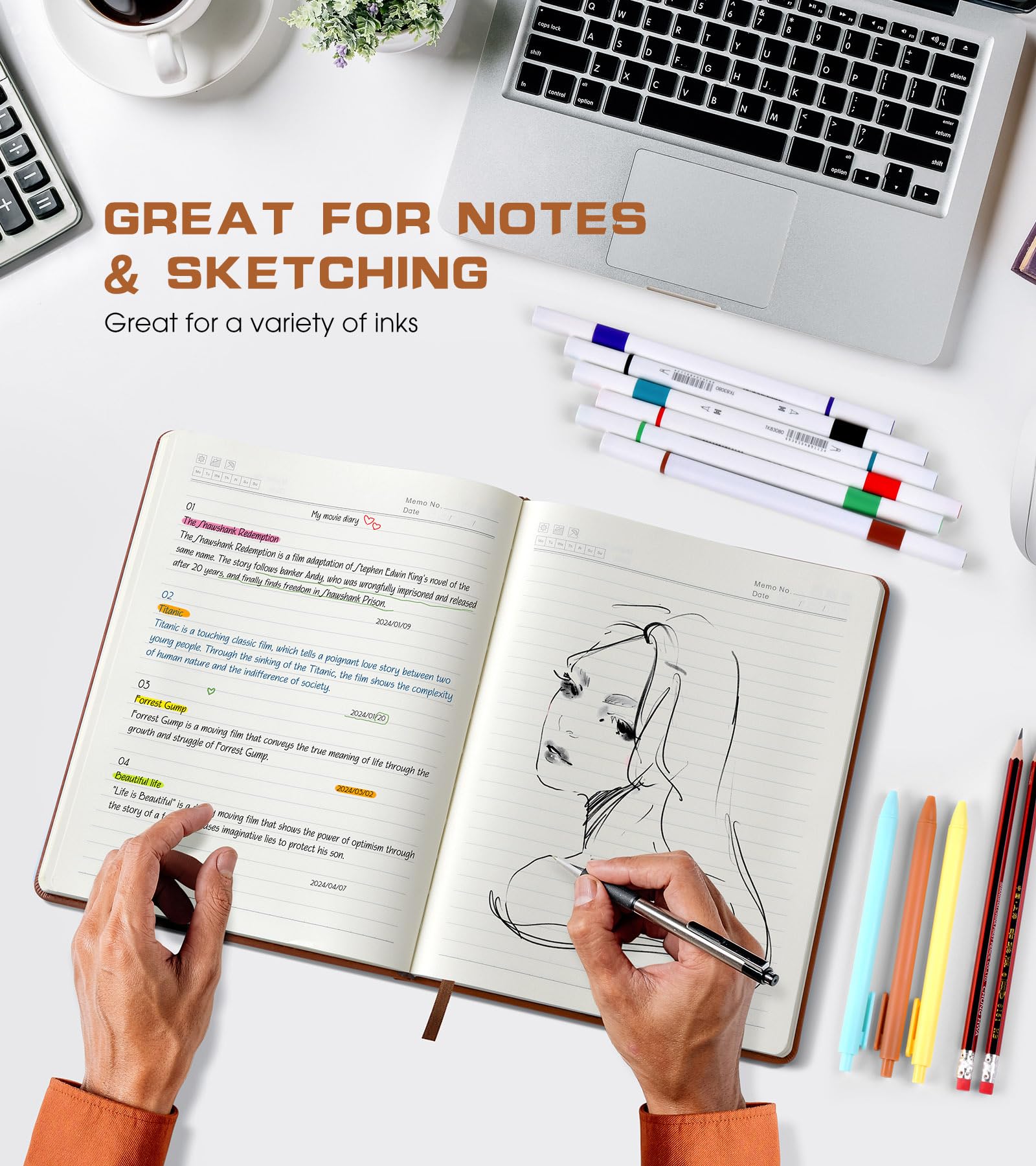 Biuwory Leather Journal Notebook,256 Thick Lined Pages,Hardcover 5.7"×8.3"