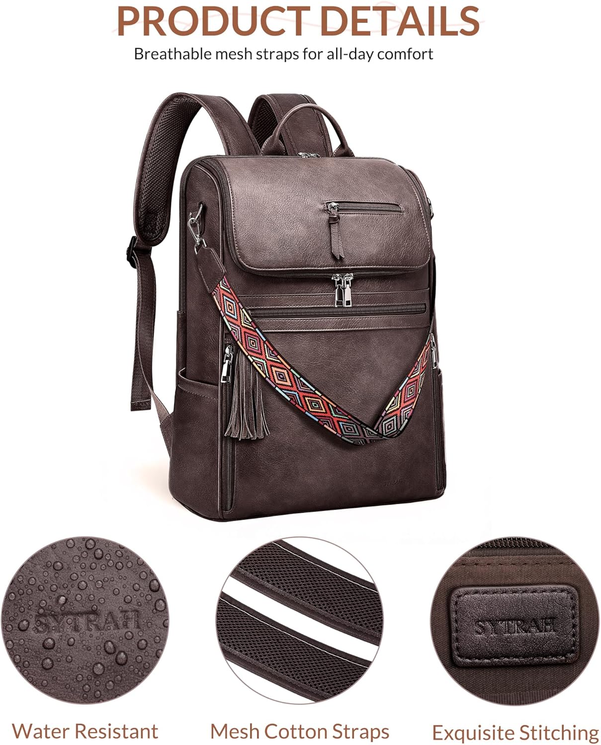 Leather Laptop Backpack for Women Designer Laptop Bag, 16.5 inch Travel Computer Backpacks Purse with Tassel for Work Business with Satchel Purse Dark Coffee