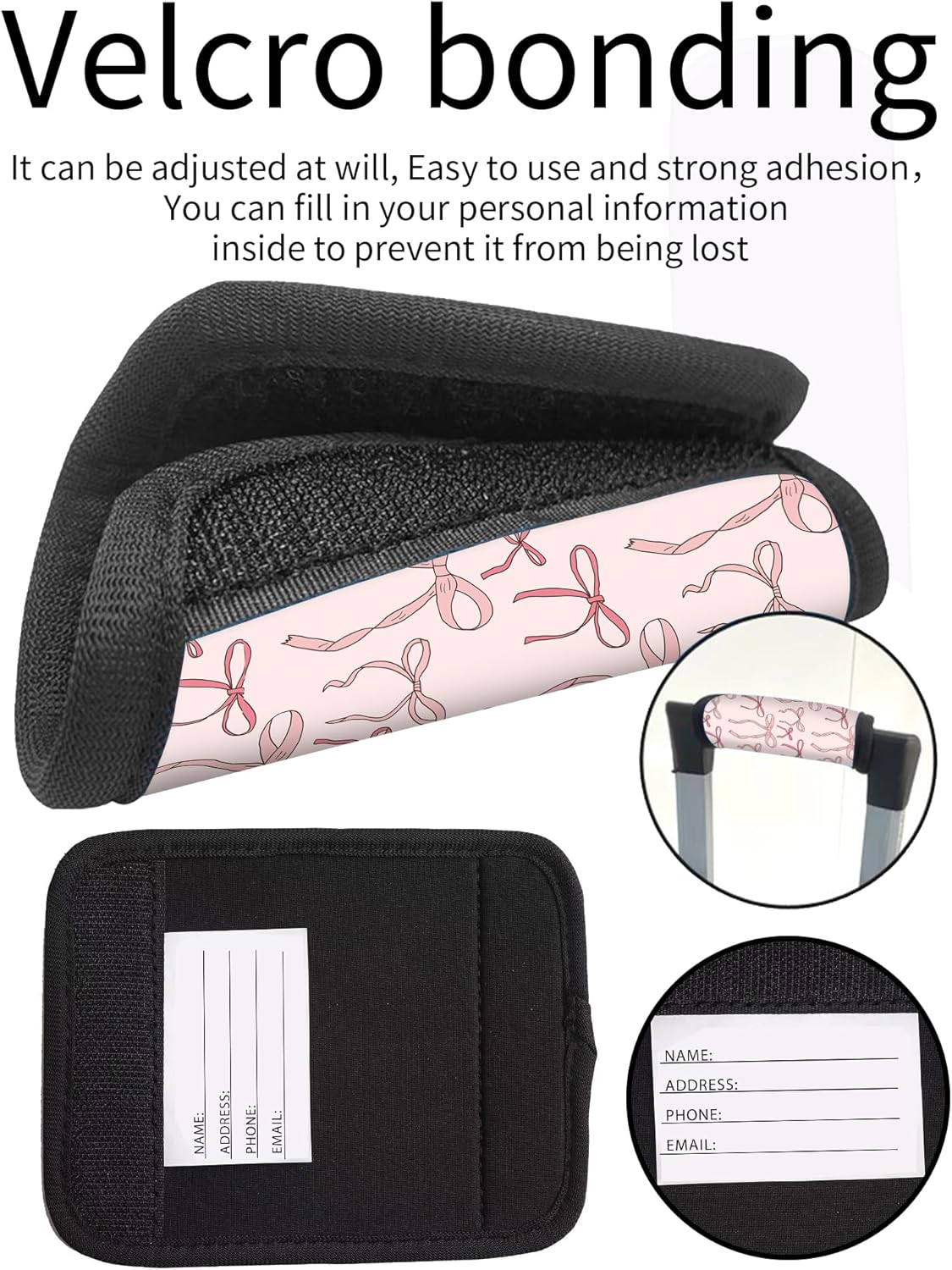 2 Pack Luggage Handle Wrap Travel Tags - Set of Luggage Tags for Suitcases, Identifiers, Marker, and Handle Covers - Cruise Accessories and Travel Gifts（Boho Pink Bow