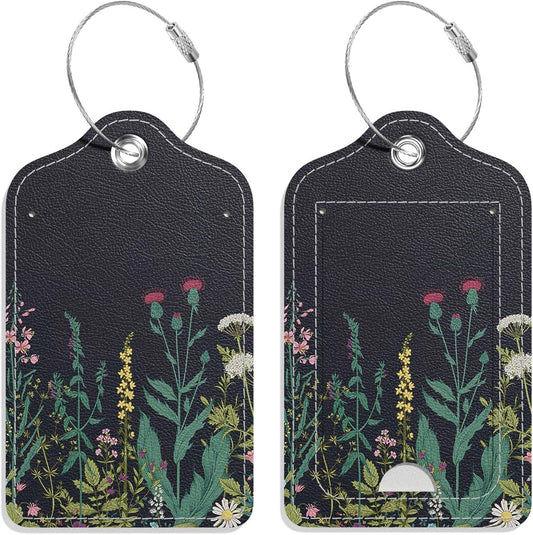 Luggage Tags for Suitcase, 2 Pack PU Leather Travel Cruise Luggage Tag with Privacy Flap, Name ID Label and Metal Loop for Women Men Suitcase Baggage Bag Backpack Instrument, Midnight Flowers
