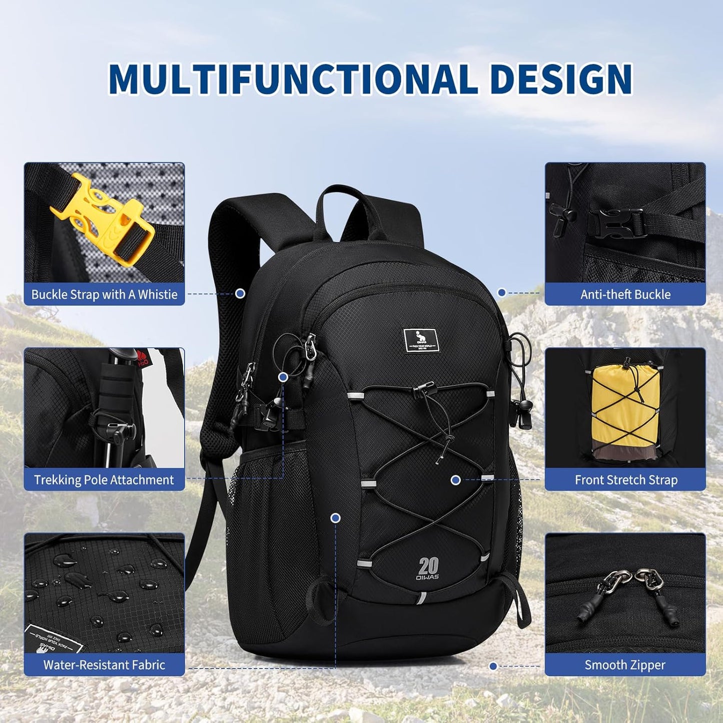 OIWAS Hiking Backpack, Water Resistant Camping Backpack with Hydration Bladder Outlet, 20L Lightweight Hiking Daypack, Travel Daypack for Men and Women Outdoor Small Hiking Backpacks