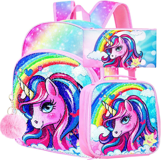 3PCS Unicorn Backpack, 16" Girls Rainbow Sequins Kids Bookbag with Lunch Box, School Bags for Elementary Preschool Kindergarten - Pink